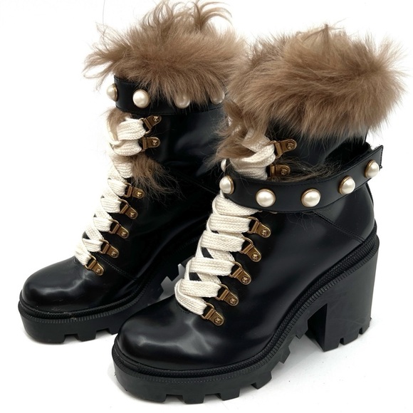 Gucci 37.5 Fur Pearl Moto Combat Leather Heeled Boots - Picture 1 of 15